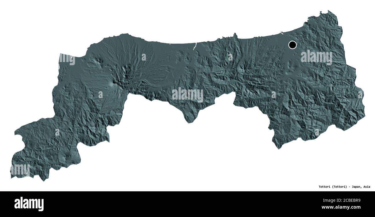 Forma di Tottori, prefettura del Giappone, con la sua capitale isolata su sfondo bianco. Mappa di elevazione colorata. Rendering 3D Foto Stock