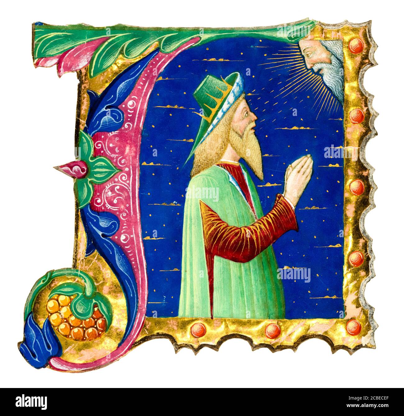 Initial A da un libro corale del XV secolo con il re Davide in preghiera, manoscritto illuminato di Guglielmo Giraldi del Magri, intorno al 1470-1480 Foto Stock