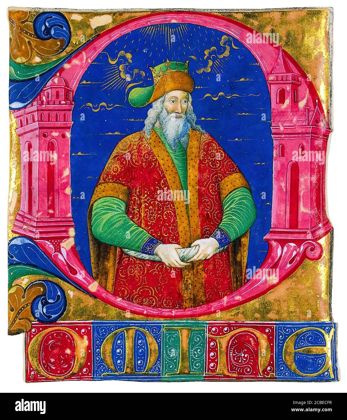 Re Solomone, iniziale D da un libro corale italiano del XV secolo (Domine), manoscritto illuminato di Guglielmo Giraldi del Magri, intorno al 1470-1480 Foto Stock