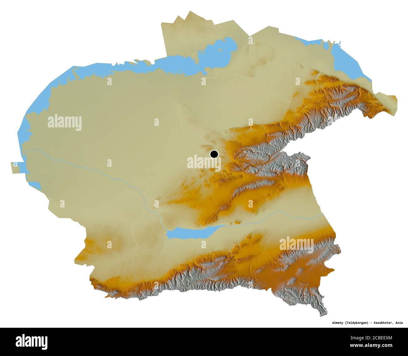 Forma di Almaty, regione del Kazakistan, con la sua capitale isolata su sfondo bianco. Mappa di rilievo topografico. Rendering 3D Foto Stock
