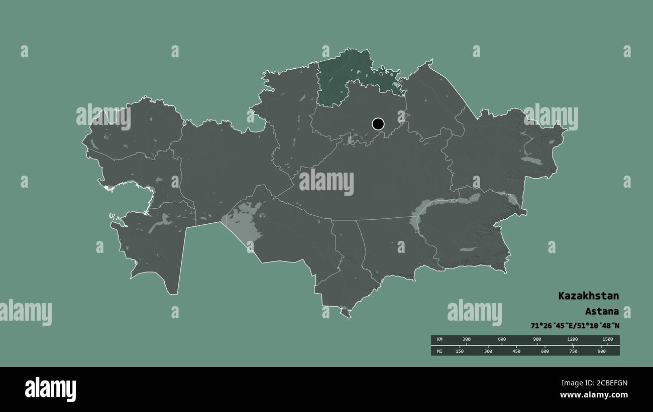 Forma desaturata del Kazakistan con la sua capitale, la principale divisione regionale e l'area separata del Kazakistan settentrionale. Etichette. Mappa di elevazione colorata. Re 3D Foto Stock