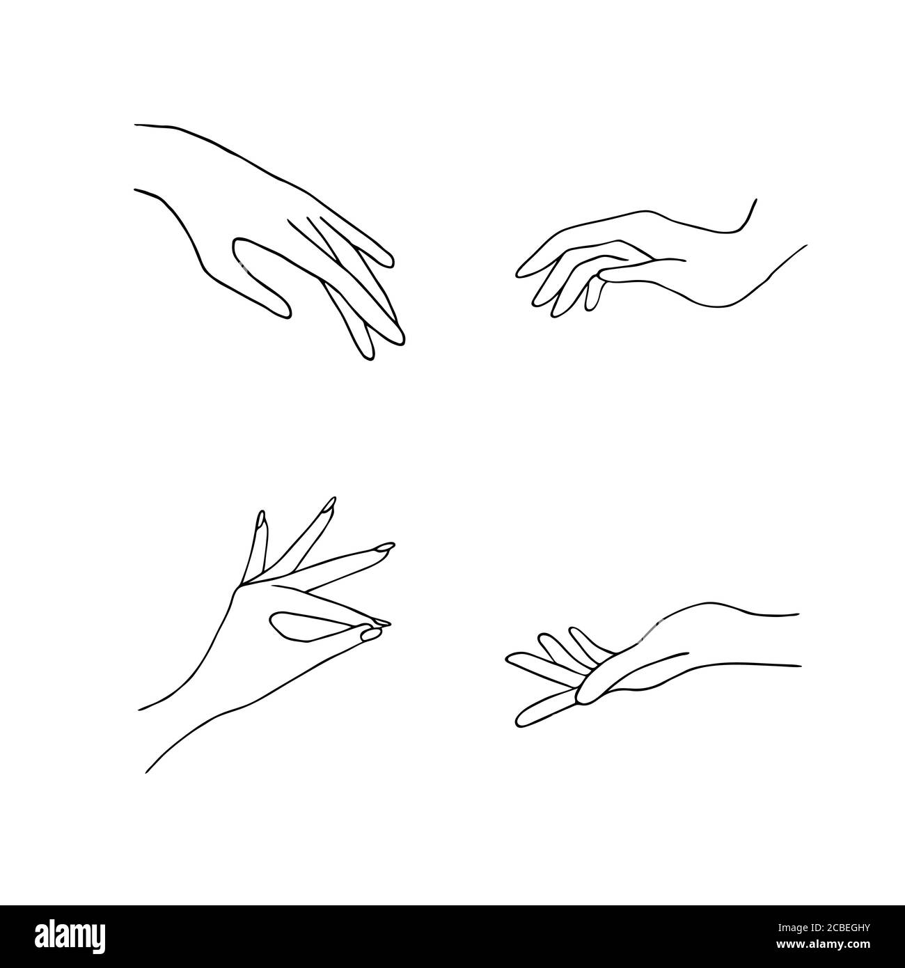 Donne mano icone. Eleganti mani femminili di gesti diversi. Lineart in uno stile minimalista alla moda. Illustrazione vettoriale. EPS10. Illustrazione Vettoriale