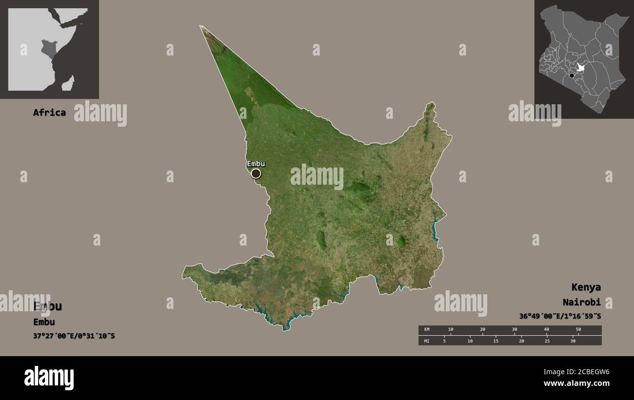 Forma di Embu, contea del Kenya, e la sua capitale. Scala della distanza, anteprime ed etichette. Immagini satellitari. Rendering 3D Foto Stock