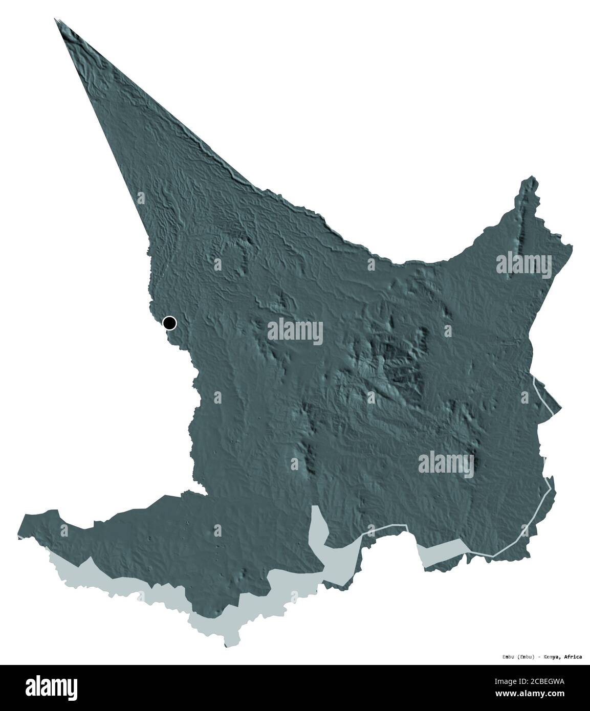 Forma di Embu, contea del Kenya, con la sua capitale isolata su sfondo bianco. Mappa di elevazione colorata. Rendering 3D Foto Stock