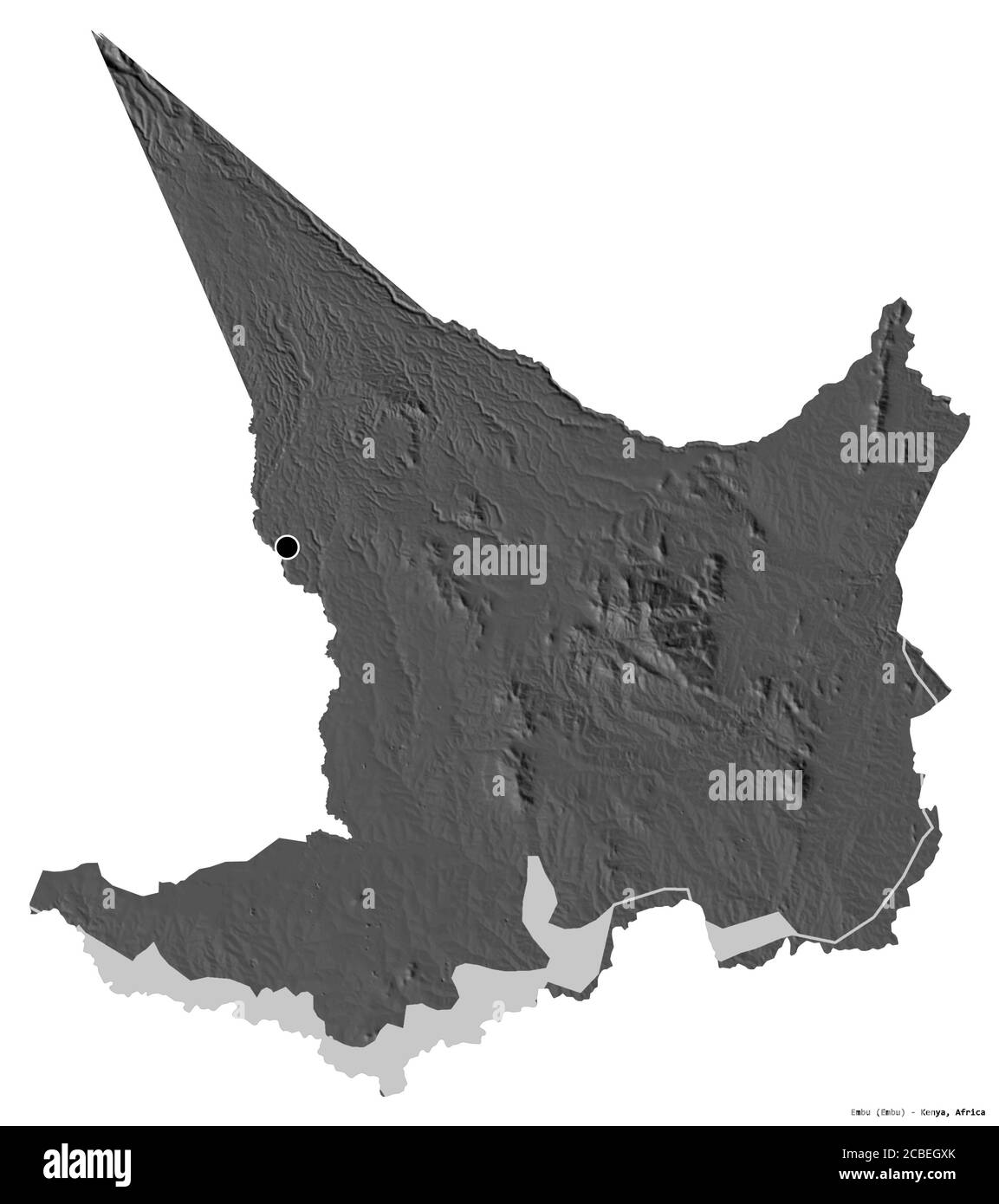 Forma di Embu, contea del Kenya, con la sua capitale isolata su sfondo bianco. Mappa elevazione bilivello. Rendering 3D Foto Stock