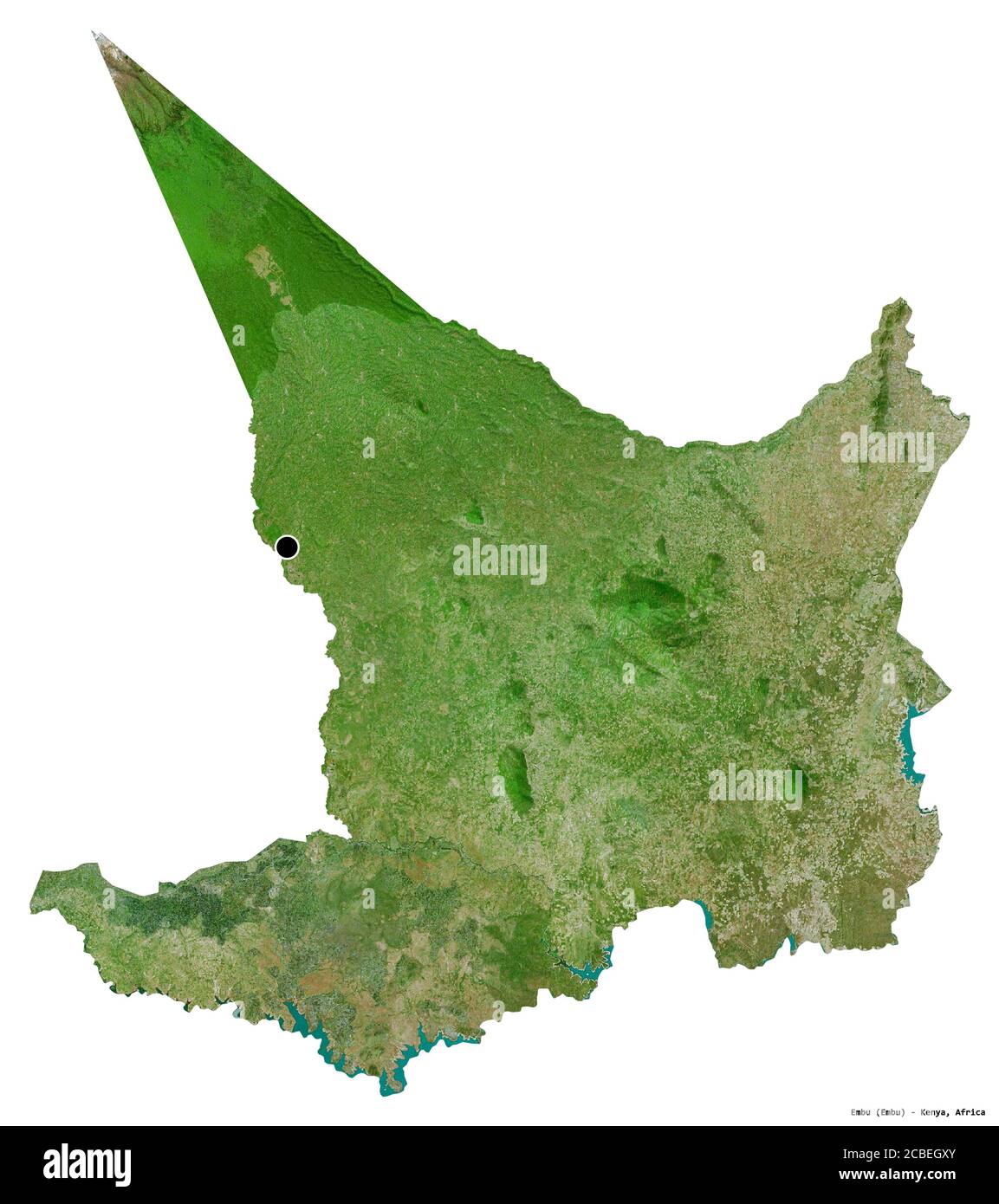 Forma di Embu, contea del Kenya, con la sua capitale isolata su sfondo bianco. Immagini satellitari. Rendering 3D Foto Stock