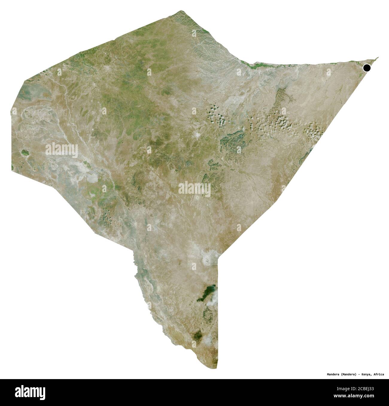 Forma di Mandera, contea del Kenya, con la sua capitale isolata su sfondo bianco. Immagini satellitari. Rendering 3D Foto Stock