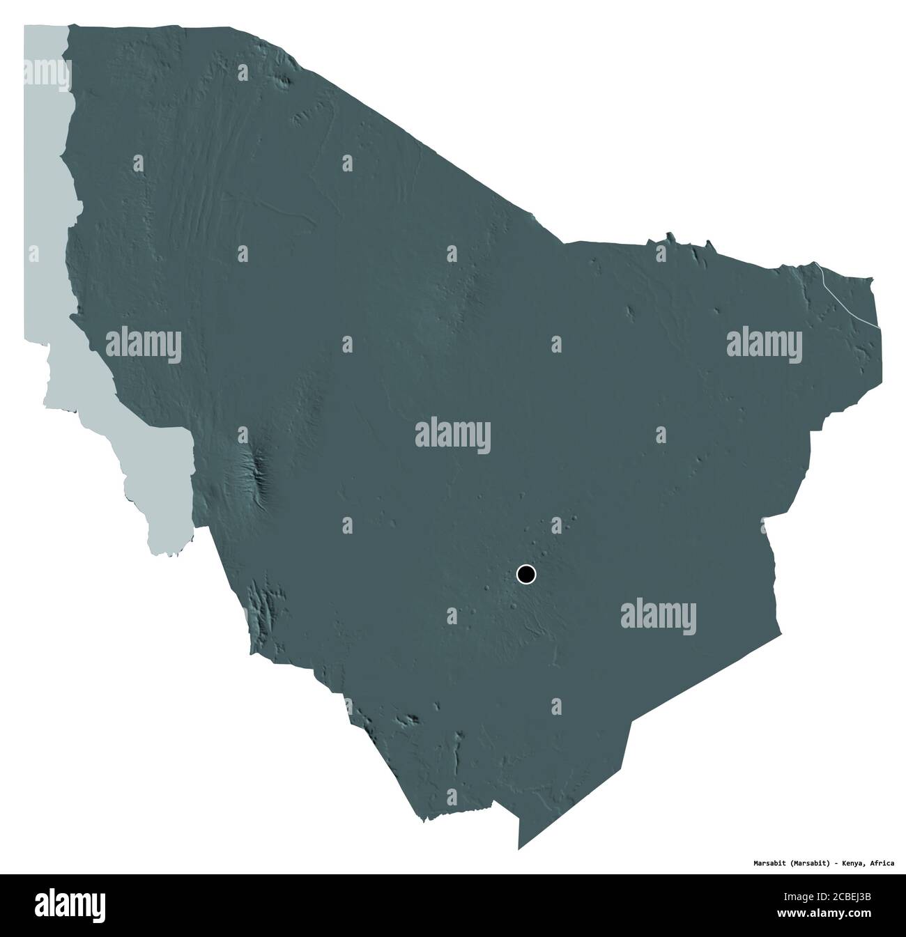 Forma di Marsabit, contea del Kenya, con la sua capitale isolata su sfondo bianco. Mappa di elevazione colorata. Rendering 3D Foto Stock