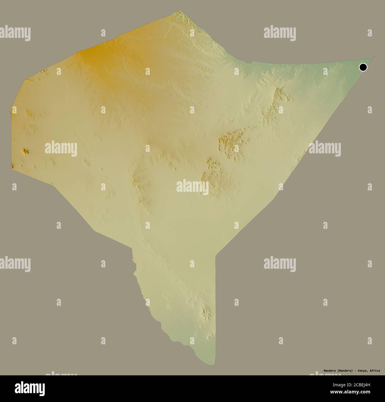 Forma di Mandera, contea del Kenya, con la sua capitale isolata su uno sfondo di colore pieno. Mappa di rilievo topografico. Rendering 3D Foto Stock