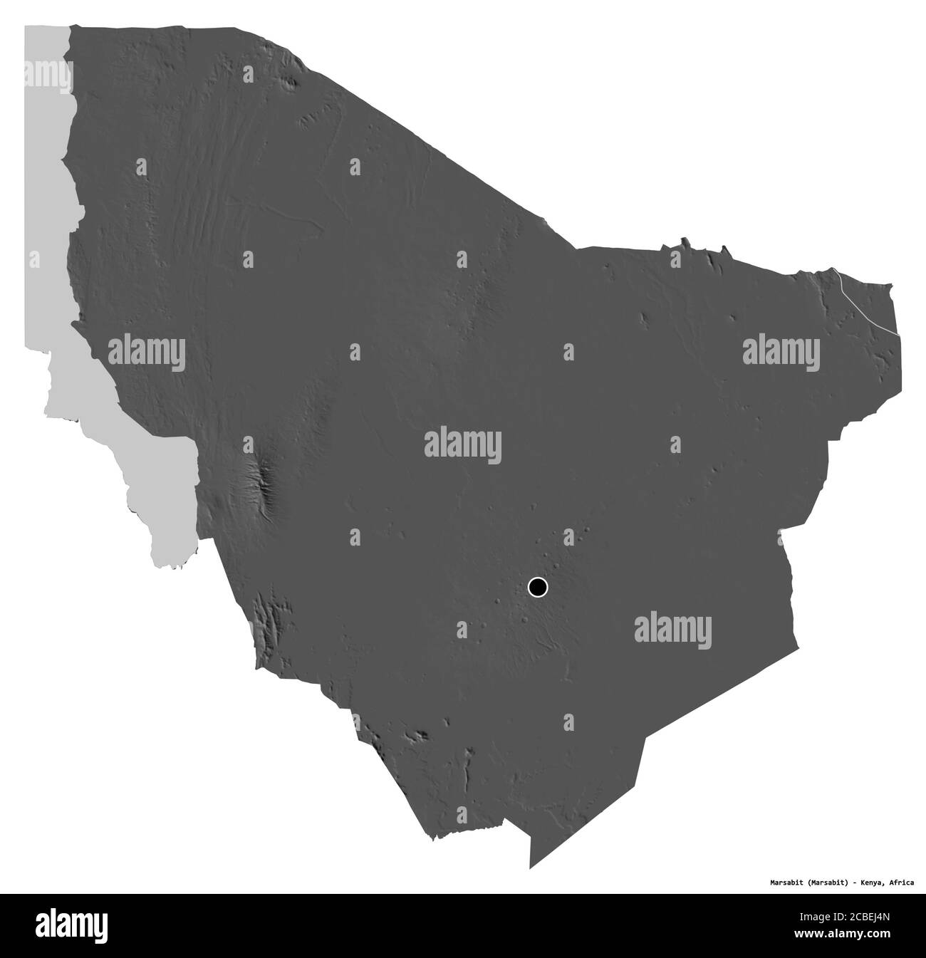 Forma di Marsabit, contea del Kenya, con la sua capitale isolata su sfondo bianco. Mappa elevazione bilivello. Rendering 3D Foto Stock