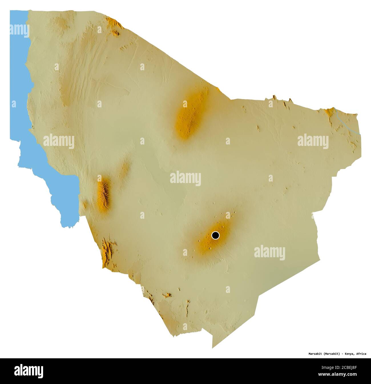 Forma di Marsabit, contea del Kenya, con la sua capitale isolata su sfondo bianco. Mappa di rilievo topografico. Rendering 3D Foto Stock