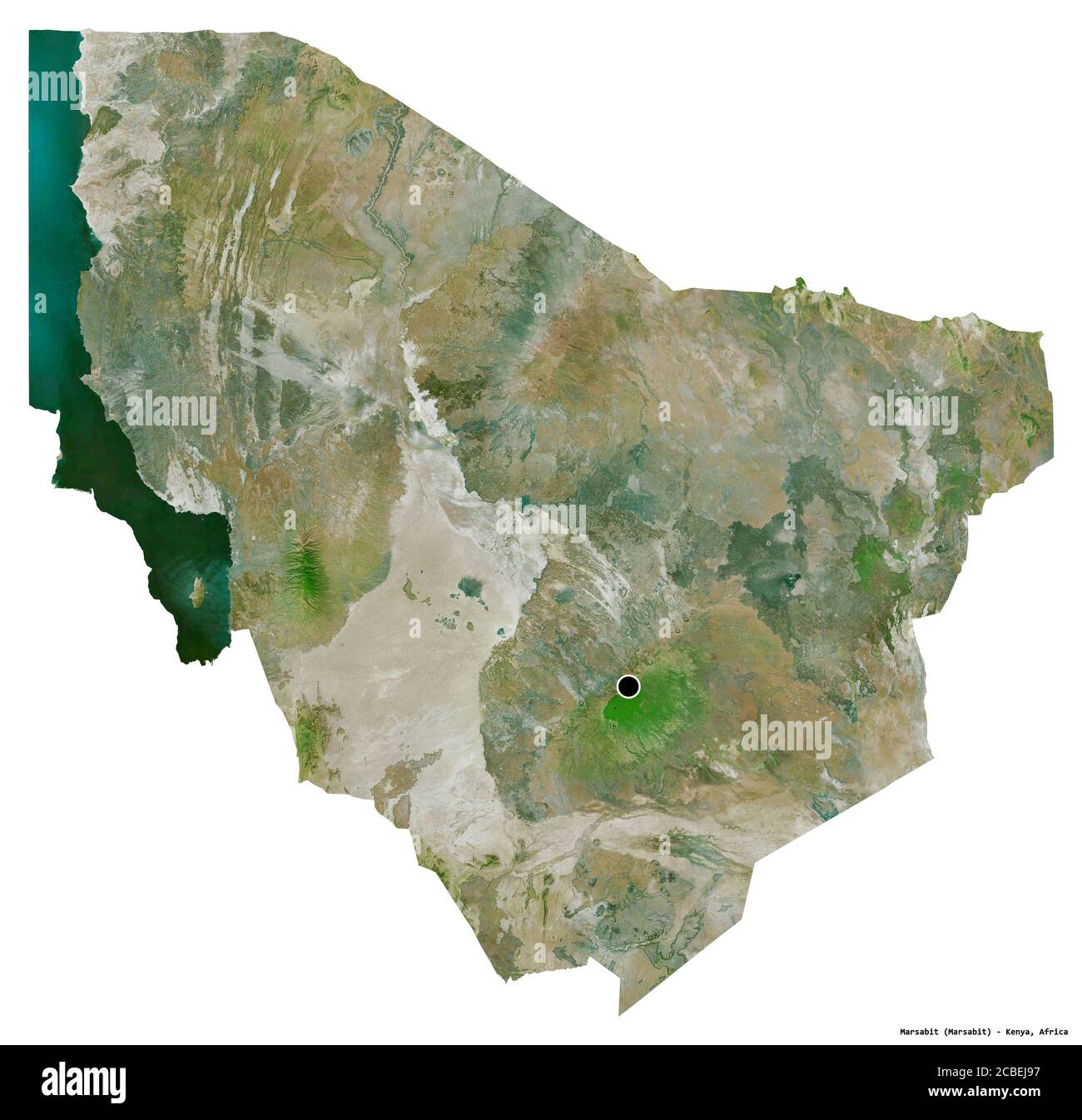 Forma di Marsabit, contea del Kenya, con la sua capitale isolata su sfondo bianco. Immagini satellitari. Rendering 3D Foto Stock
