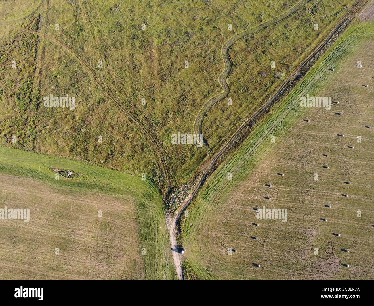 rotoli di fieno sul campo foto aerea Foto Stock