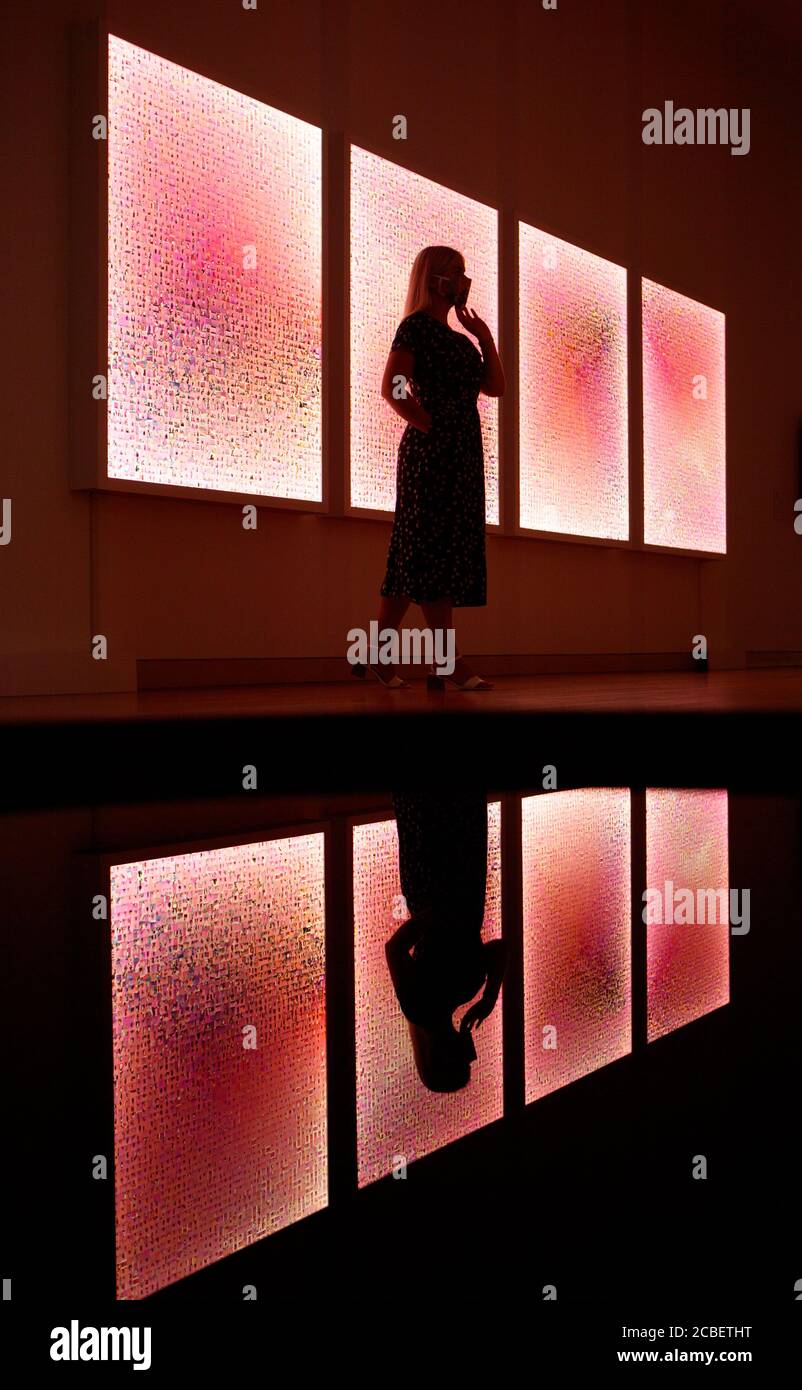 Un visitatore si riflette in un'opera d'arte mentre si trova davanti a diversi lavori dal titolo 'Murmurations n° 23: 10,000 selfie (con una parete rosa a Los Angeles)' dell'artista Stephanie Potter Corwin, che fa parte della mostra del Premio d'Arte Estetica in mostra alla York Art Gallery nello Yorkshire. Foto Stock