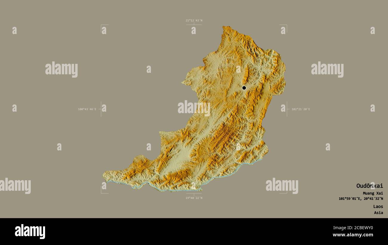 Area di Oudômxai, provincia del Laos, isolata su uno sfondo solido in un rettangolo di selezione georeferenziato. Etichette. Mappa di rilievo topografico. Rendering 3D Foto Stock