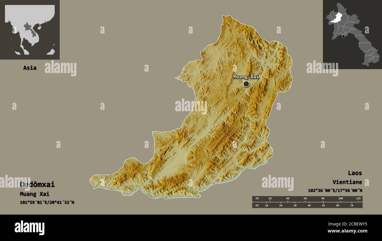 Forma di Oudômxai, provincia del Laos, e la sua capitale. Scala della distanza, anteprime ed etichette. Mappa di rilievo topografico. Rendering 3D Foto Stock