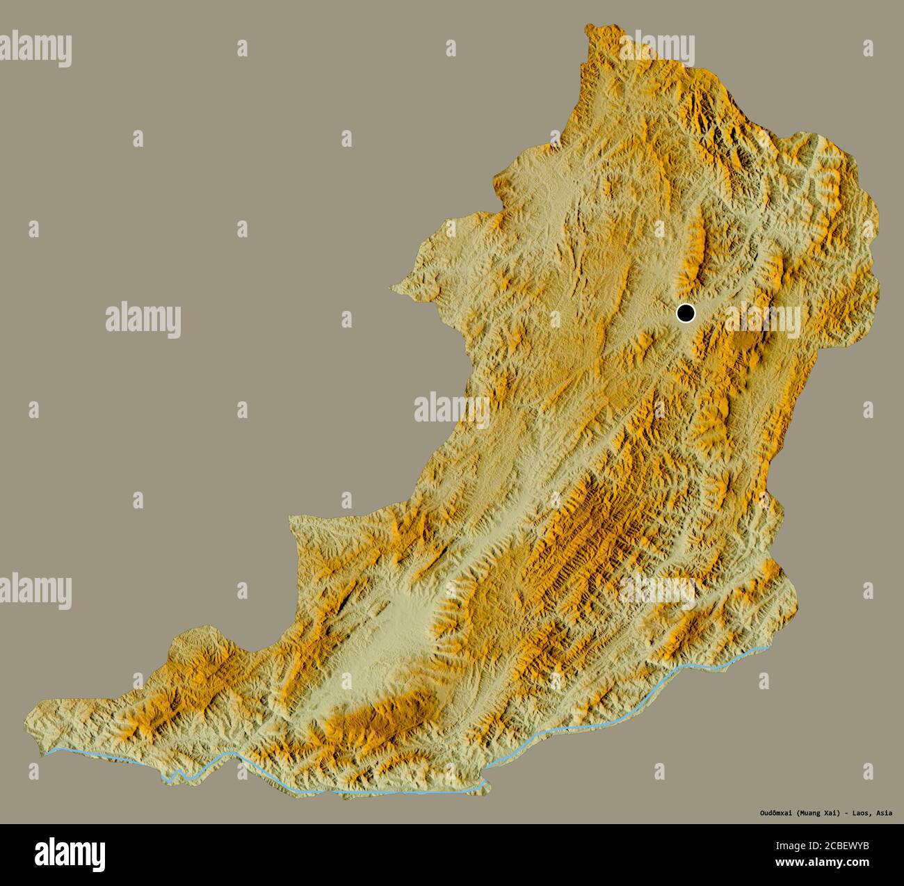 Forma di Oudômxai, provincia del Laos, con la sua capitale isolata su uno sfondo di colore pieno. Mappa di rilievo topografico. Rendering 3D Foto Stock