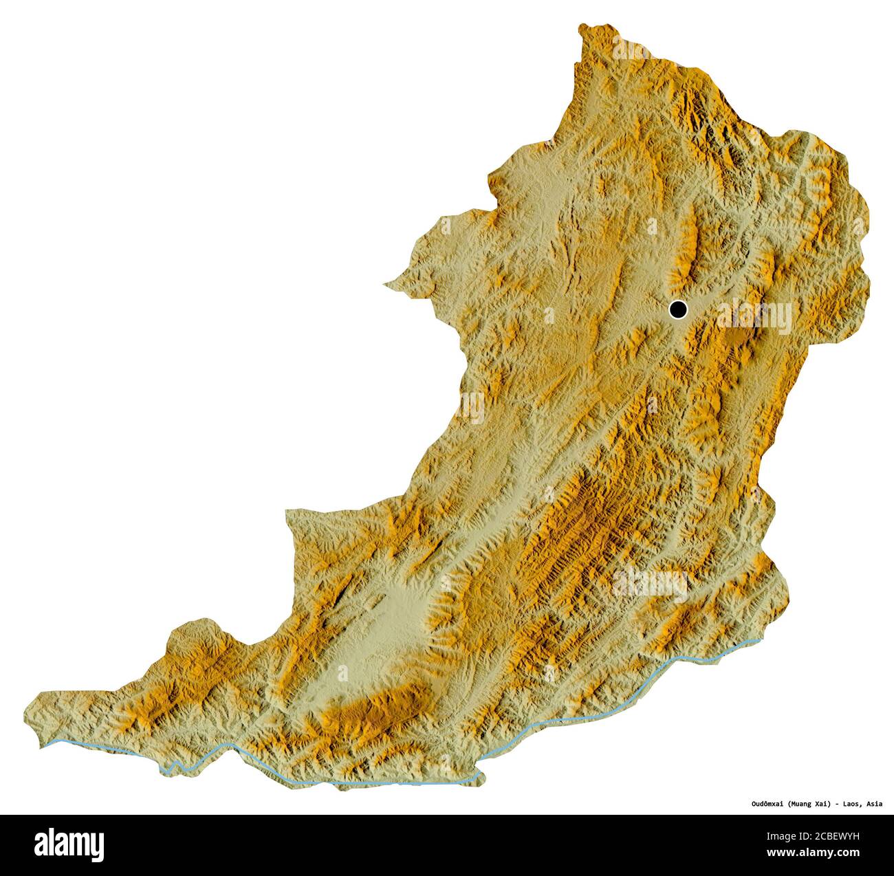 Forma di Oudômxai, provincia del Laos, con la sua capitale isolata su sfondo bianco. Mappa di rilievo topografico. Rendering 3D Foto Stock