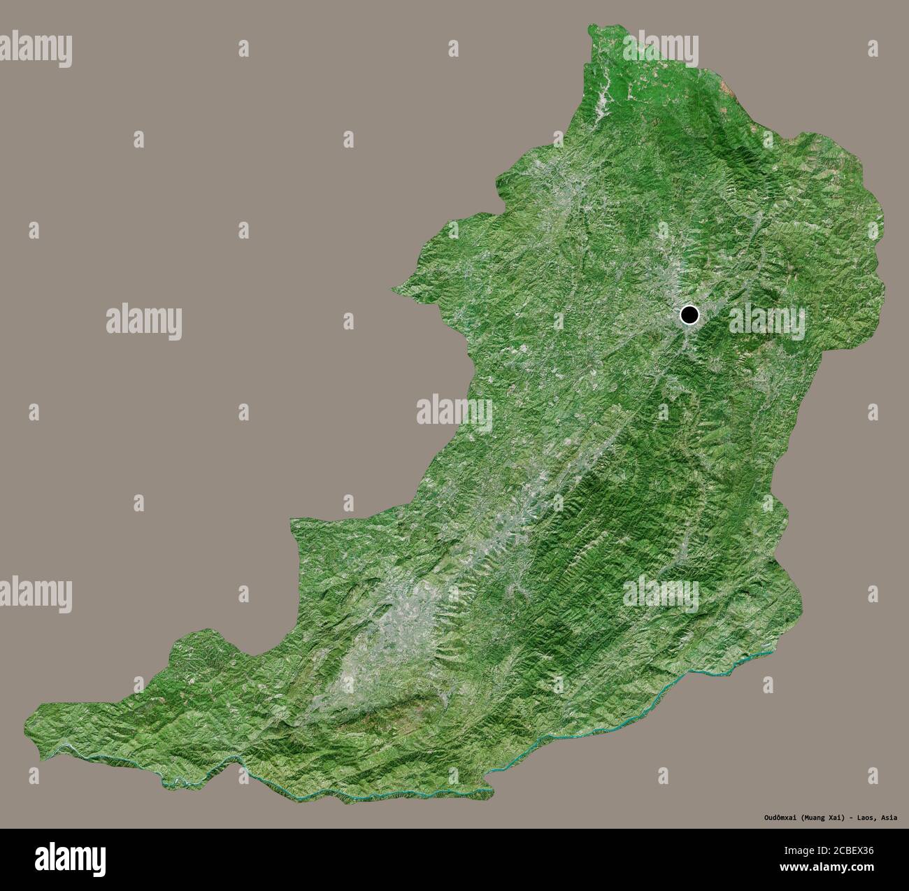 Forma di Oudômxai, provincia del Laos, con la sua capitale isolata su uno sfondo di colore pieno. Immagini satellitari. Rendering 3D Foto Stock