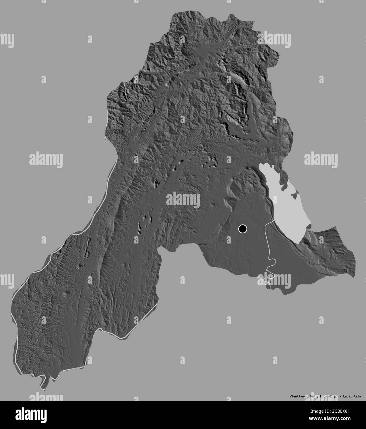 Forma di Vientiane, provincia del Laos, con la sua capitale isolata su uno sfondo di colore pieno. Mappa elevazione bilivello. Rendering 3D Foto Stock