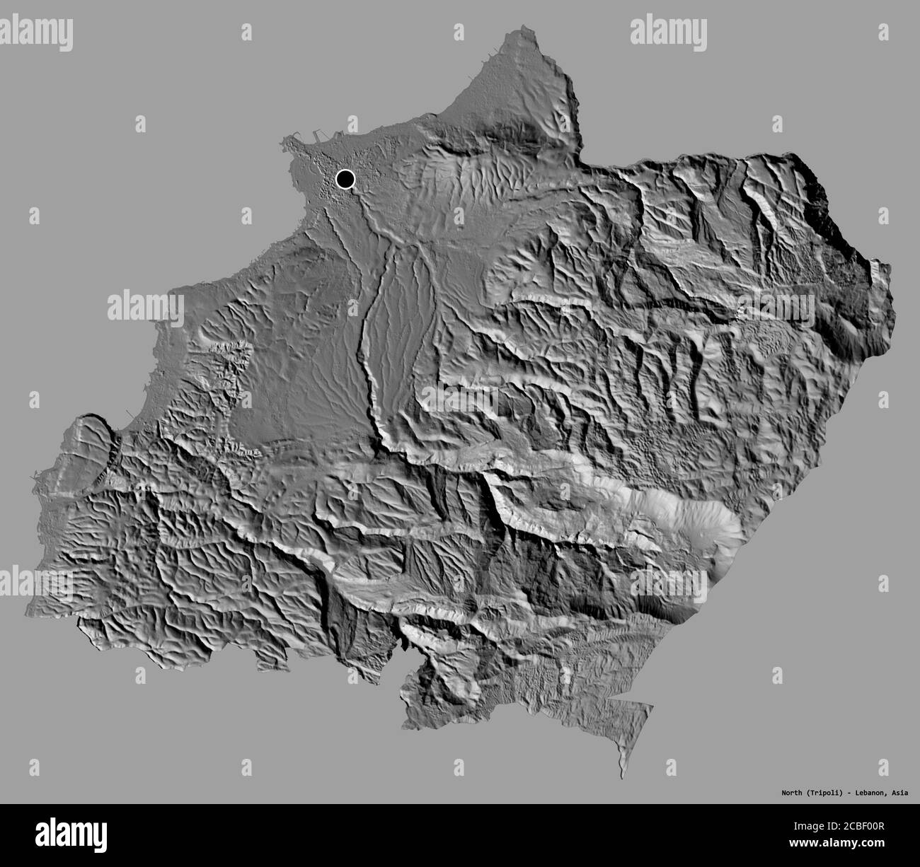 Forma del Nord, governatorato del Libano, con la sua capitale isolata su uno sfondo di colore solido. Mappa elevazione bilivello. Rendering 3D Foto Stock