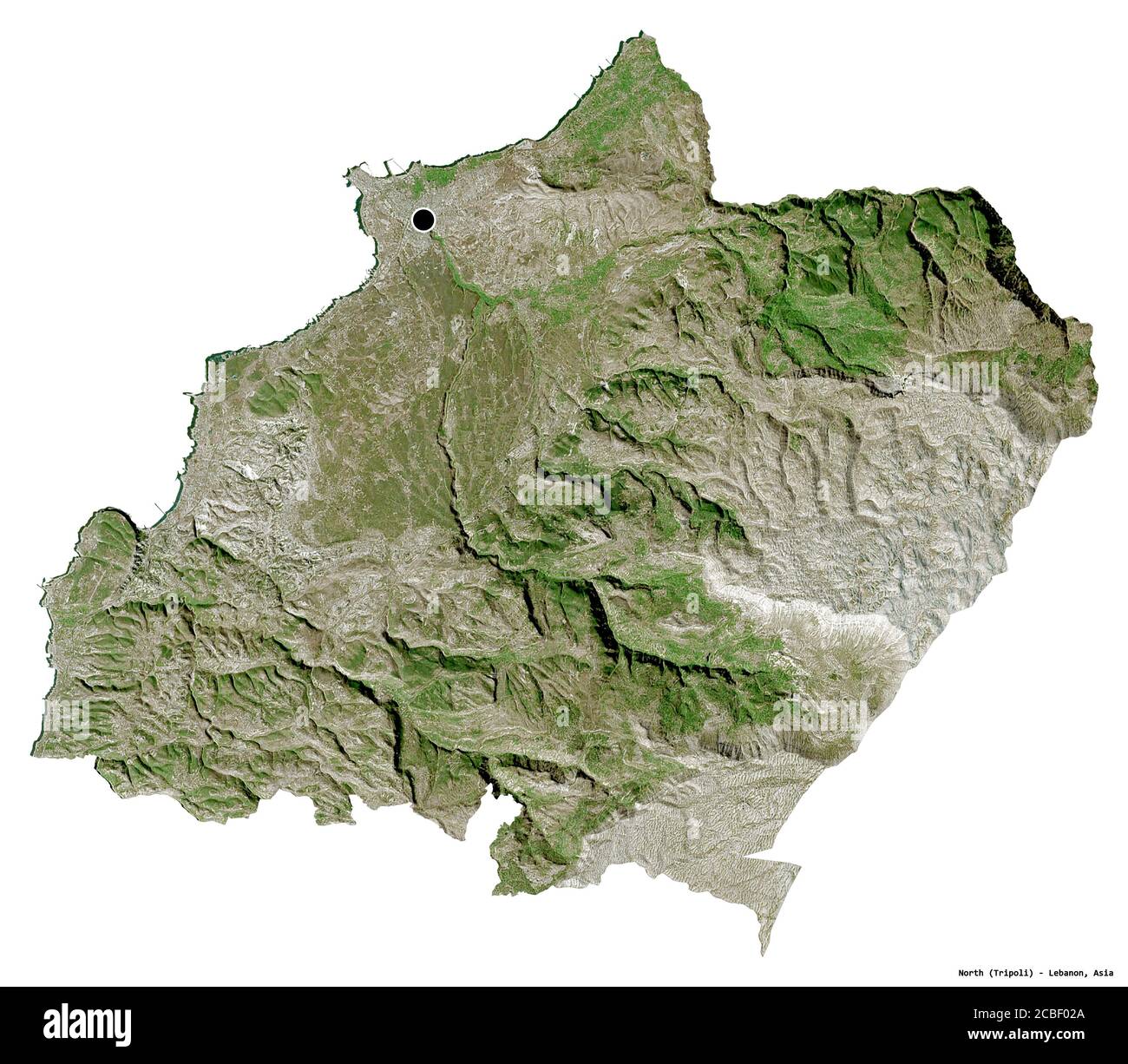 Forma del Nord, governatorato del Libano, con la sua capitale isolata su sfondo bianco. Immagini satellitari. Rendering 3D Foto Stock