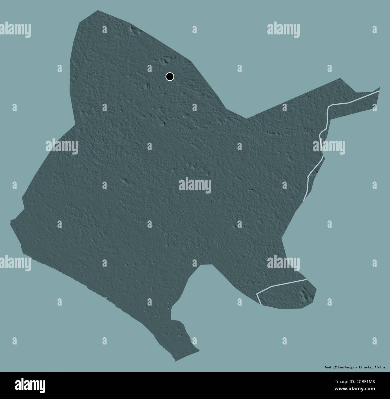 Forma di Bomi, contea della Liberia, con la sua capitale isolata su uno sfondo di colore pieno. Mappa di elevazione colorata. Rendering 3D Foto Stock