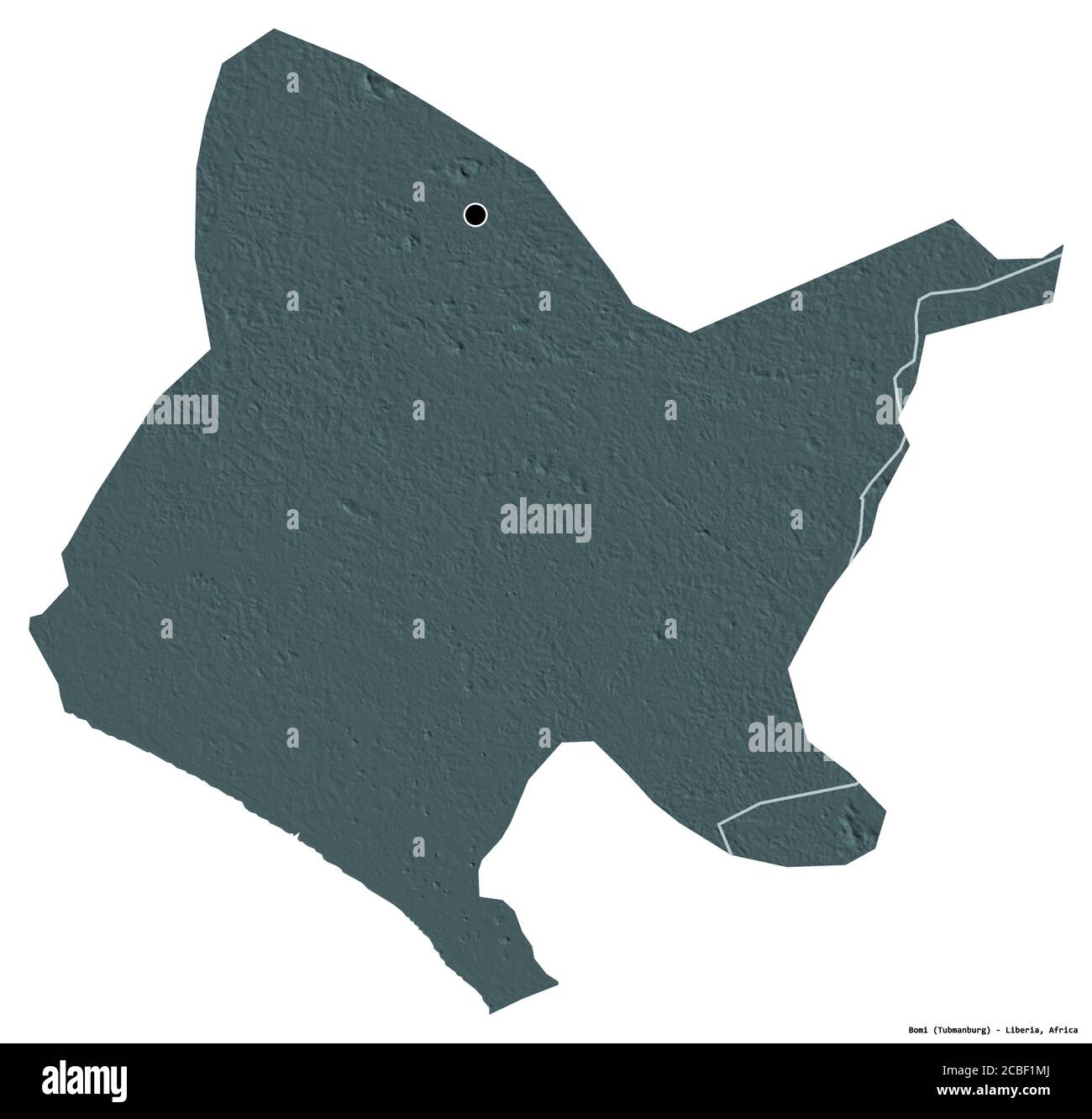 Forma di Bomi, contea della Liberia, con la sua capitale isolata su sfondo bianco. Mappa di elevazione colorata. Rendering 3D Foto Stock