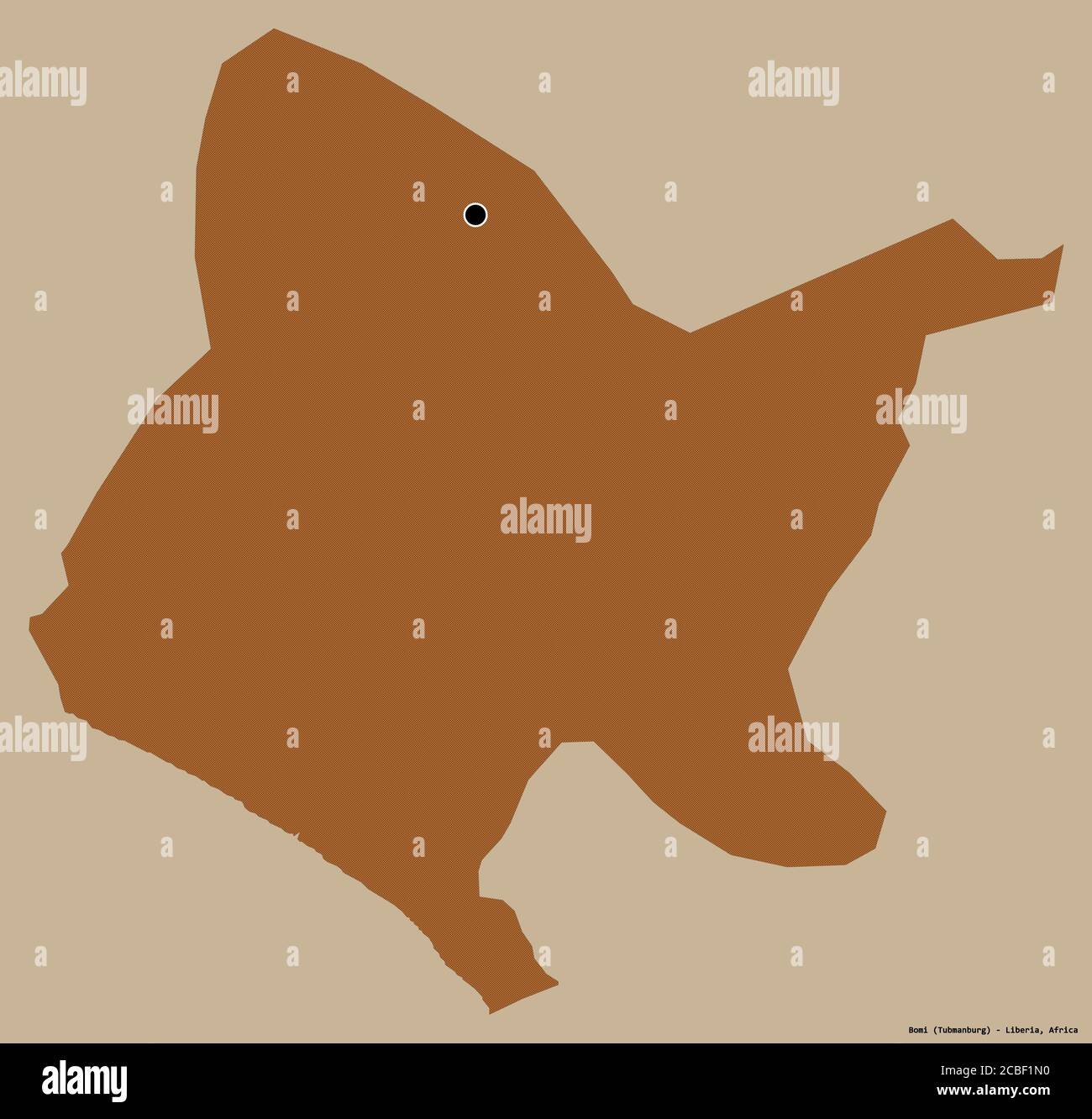 Forma di Bomi, contea della Liberia, con la sua capitale isolata su uno sfondo di colore pieno. Composizione di texture con motivi. Rendering 3D Foto Stock