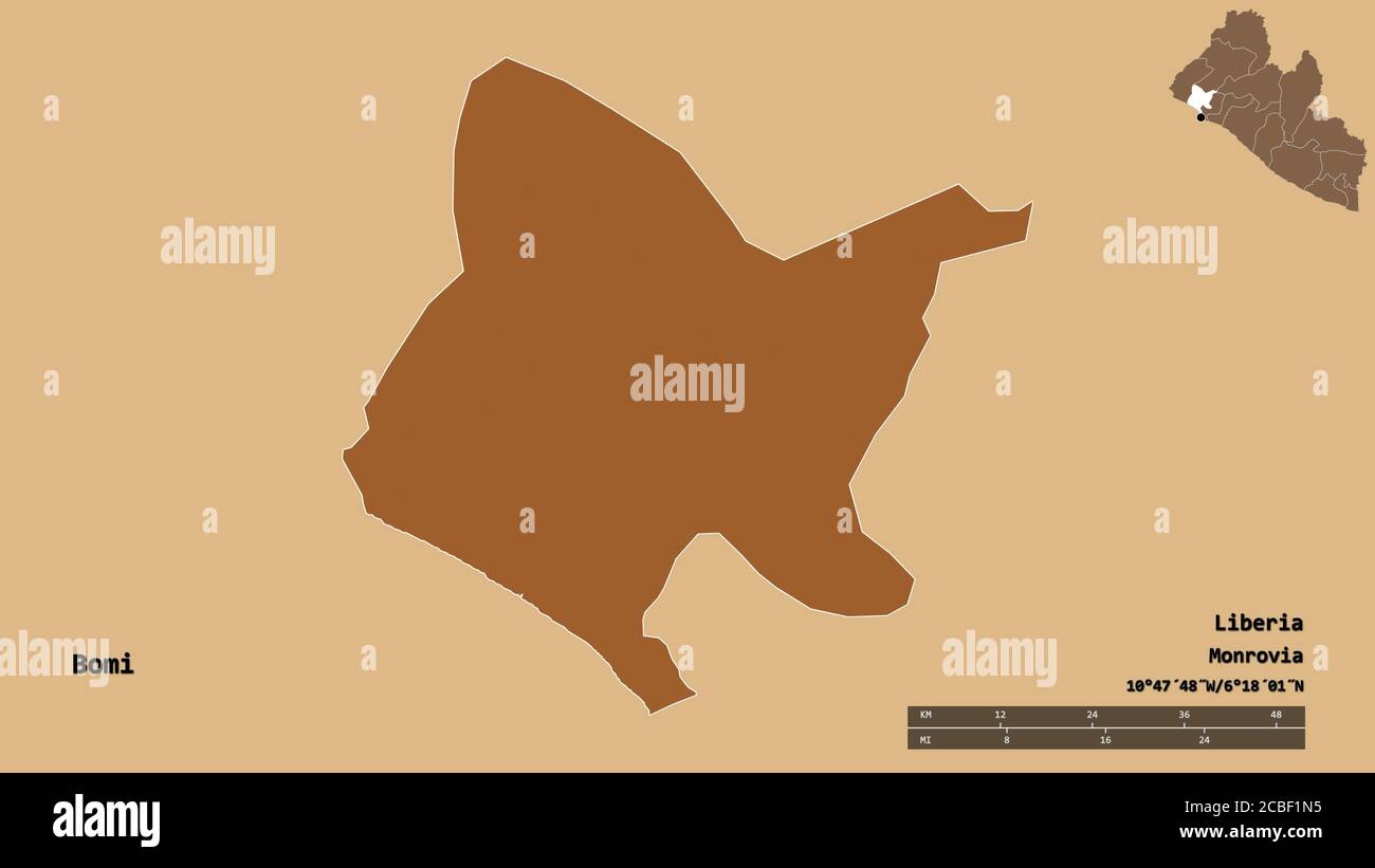 Forma di Bomi, contea della Liberia, con la sua capitale isolata su solido sfondo. Scala della distanza, anteprima della regione ed etichette. Composizione di t Foto Stock