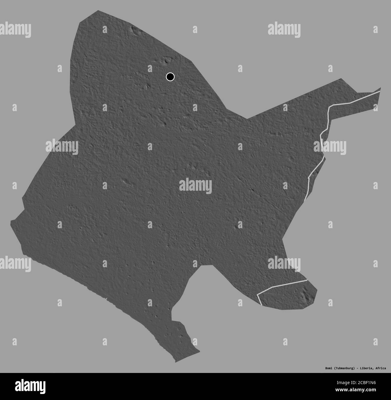 Forma di Bomi, contea della Liberia, con la sua capitale isolata su uno sfondo di colore pieno. Mappa elevazione bilivello. Rendering 3D Foto Stock