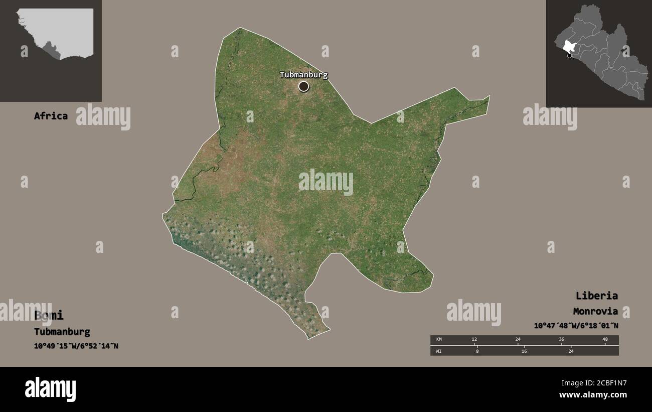 Forma di Bomi, contea della Liberia, e la sua capitale. Scala della distanza, anteprime ed etichette. Immagini satellitari. Rendering 3D Foto Stock