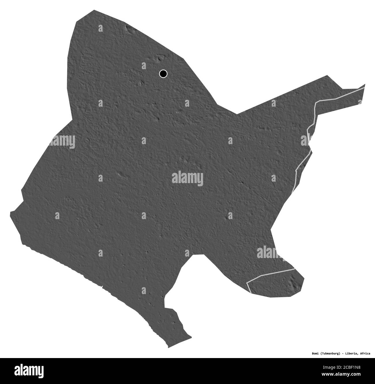 Forma di Bomi, contea della Liberia, con la sua capitale isolata su sfondo bianco. Mappa elevazione bilivello. Rendering 3D Foto Stock