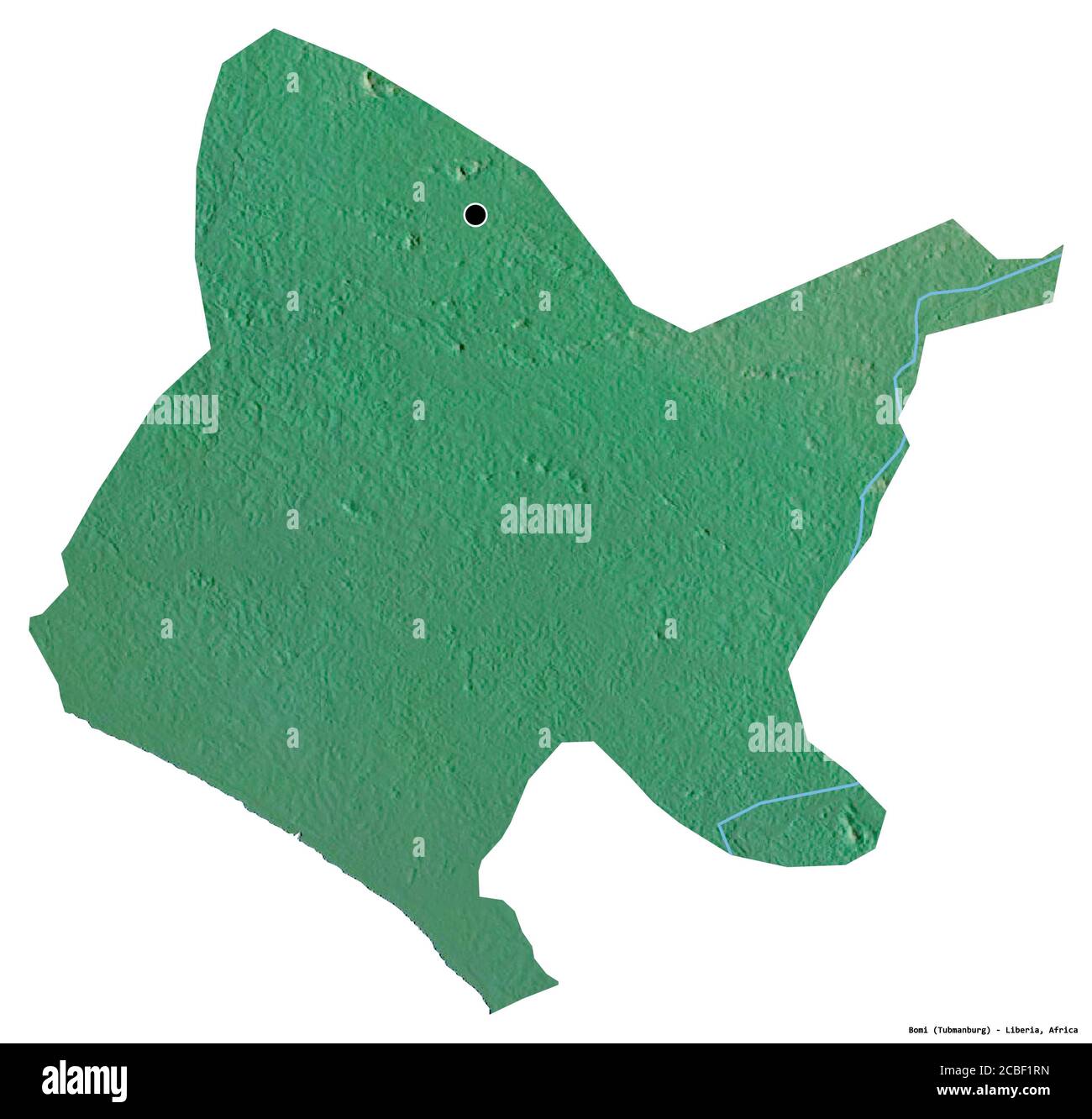Forma di Bomi, contea della Liberia, con la sua capitale isolata su sfondo bianco. Mappa di rilievo topografico. Rendering 3D Foto Stock