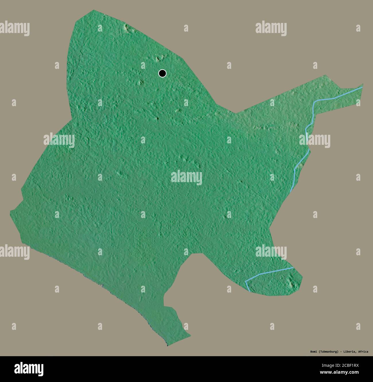 Forma di Bomi, contea della Liberia, con la sua capitale isolata su uno sfondo di colore pieno. Mappa di rilievo topografico. Rendering 3D Foto Stock