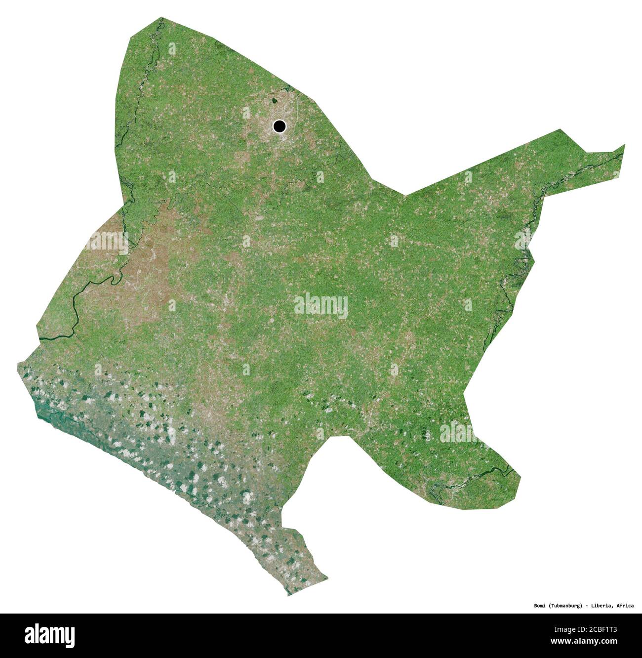 Forma di Bomi, contea della Liberia, con la sua capitale isolata su sfondo bianco. Immagini satellitari. Rendering 3D Foto Stock