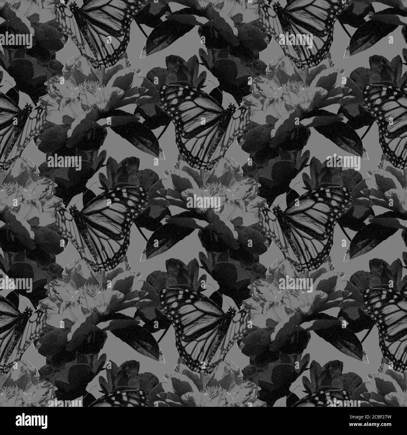 Motivo floreale senza cuciture monocromatico con fiori di pony rossi e collage di farfalle monarca su sfondo grigio. Scorte Foto Stock