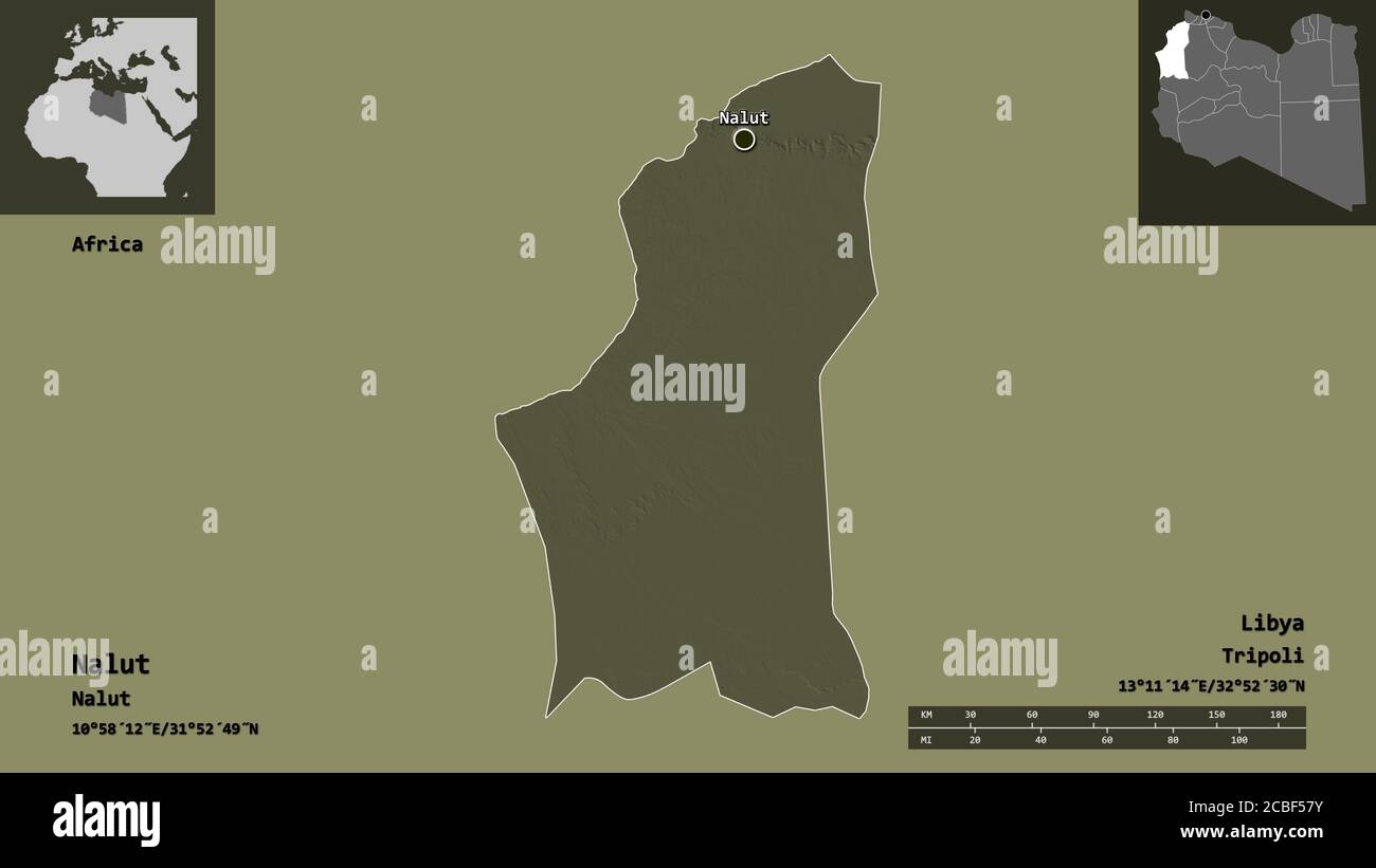 Forma di Nalut, distretto della Libia, e la sua capitale. Scala della distanza, anteprime ed etichette. Mappa di elevazione colorata. Rendering 3D Foto Stock