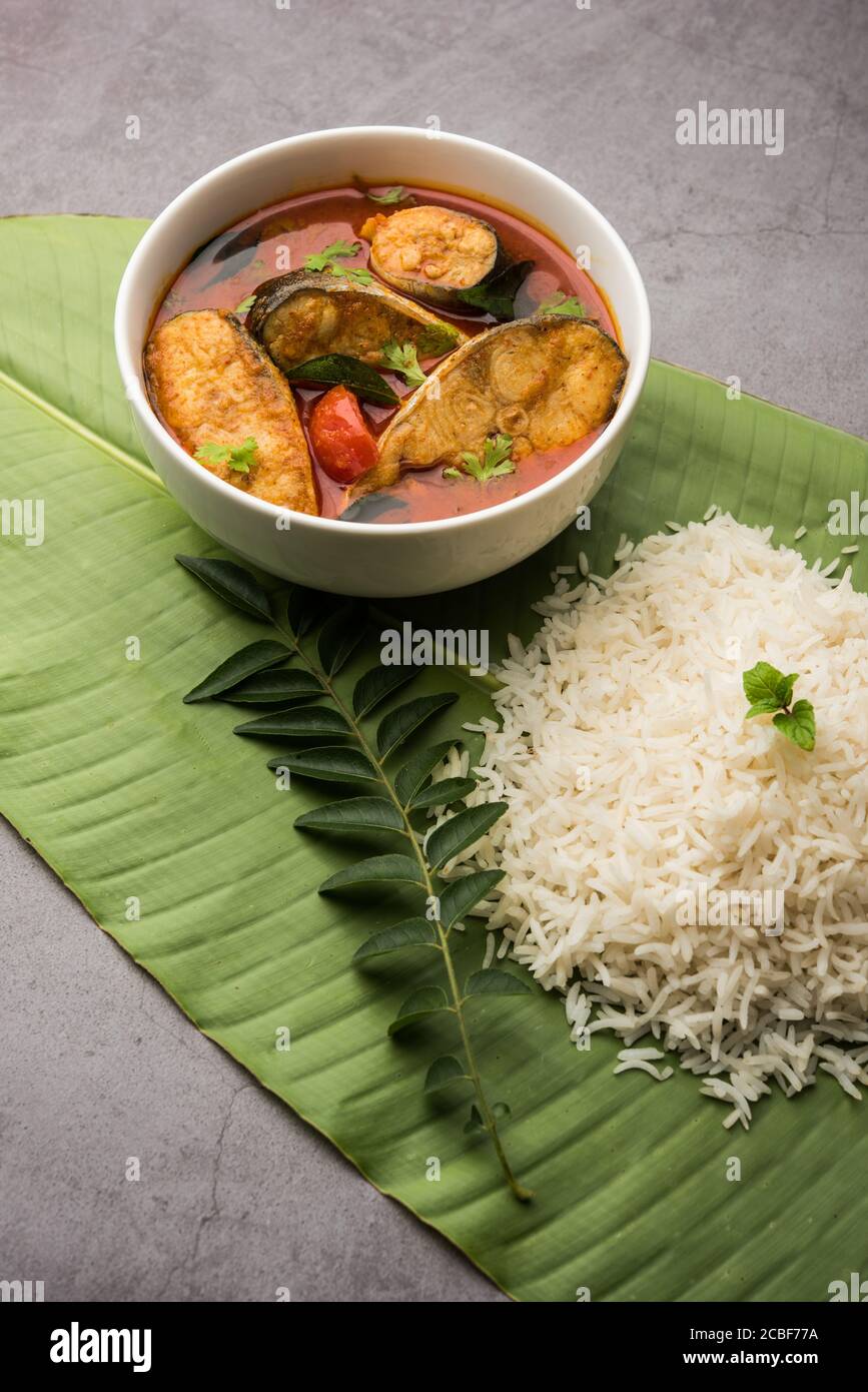 Curry di pesce piccante - kerala, konkan, bengala, goa stile rosso e marrone, servito con riso Foto Stock