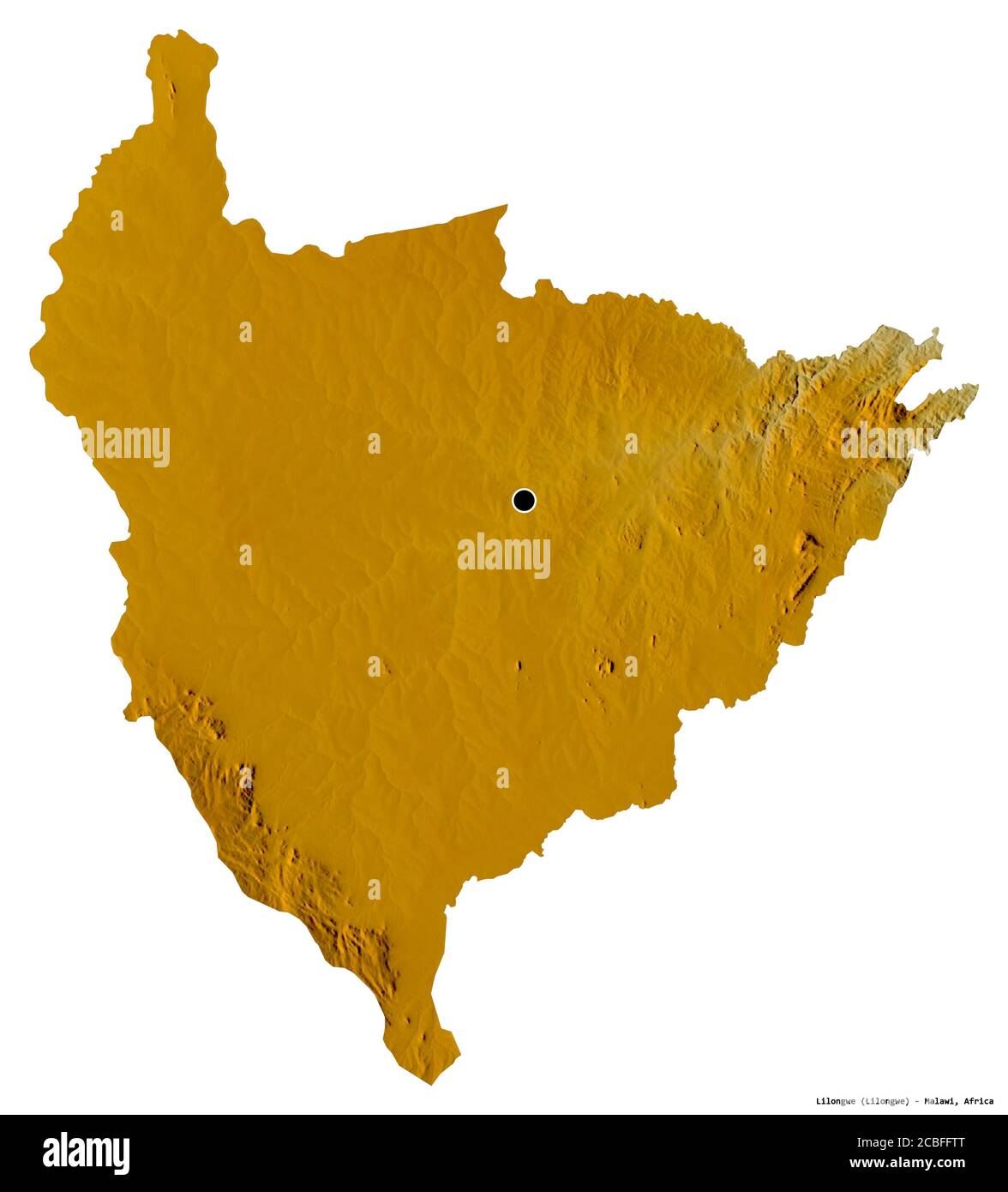 Forma di Lilongwe, distretto del Malawi, con la sua capitale isolata su sfondo bianco. Mappa di rilievo topografico. Rendering 3D Foto Stock