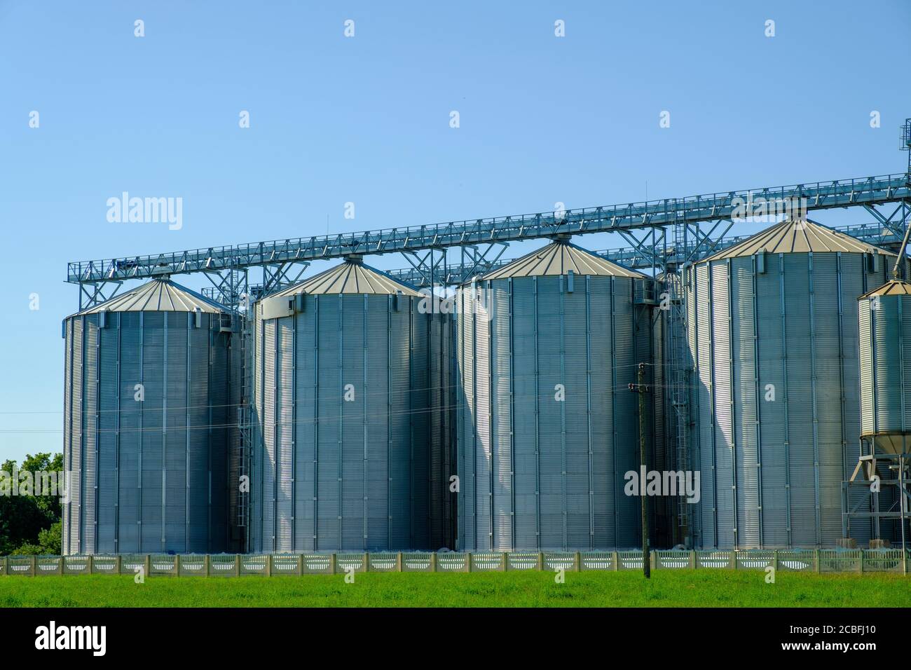 Silos agricoli. Deposito ed essiccazione di grani, grano, mais. Raccolta. Foto Stock