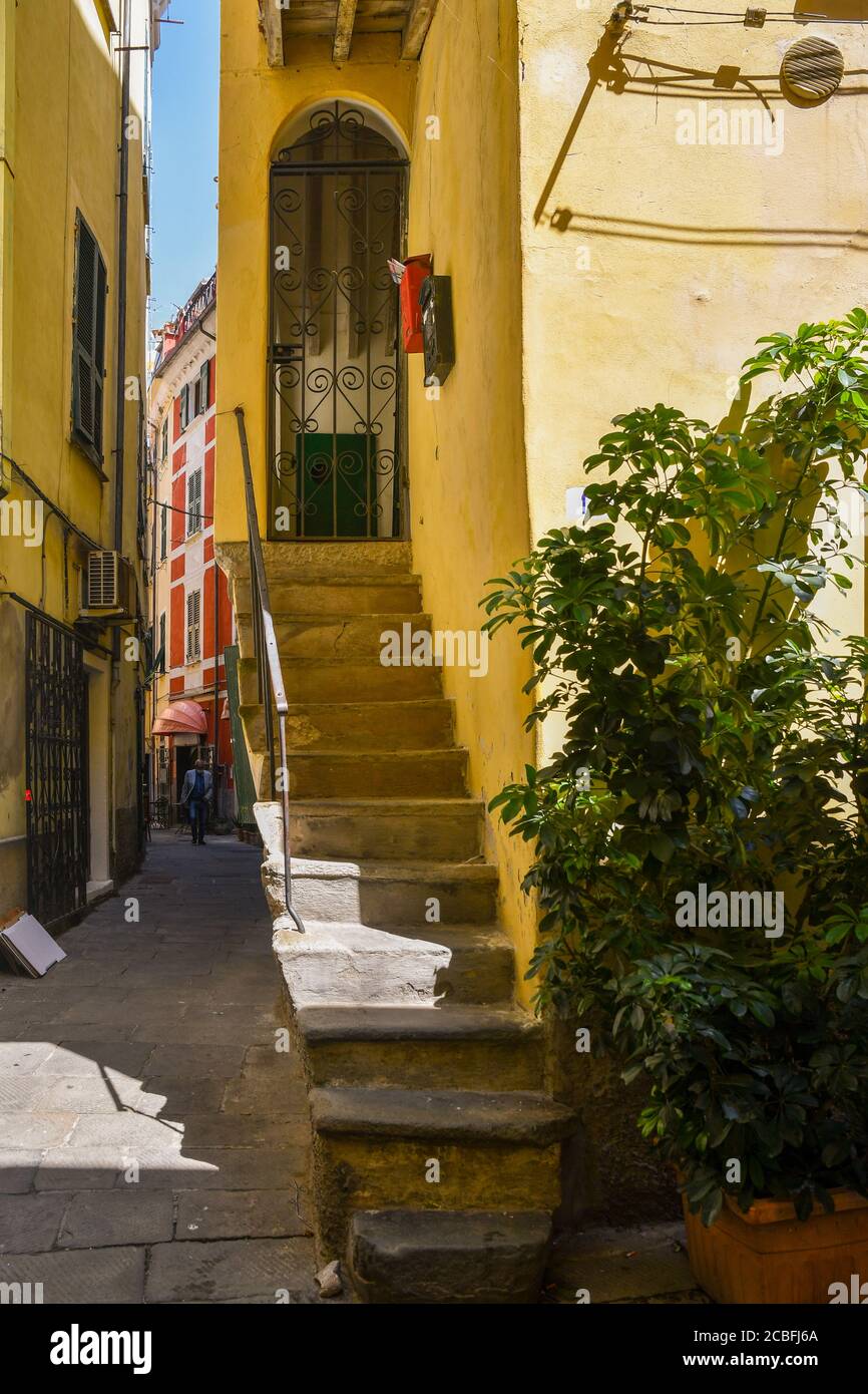 Scorcio di uno stretto vicolo nell'antico borgo peschereccio di Lerici con una ripida scalinata in pietra che porta alla porta d'ingresso di una vecchia casa, Liguria, Italia Foto Stock