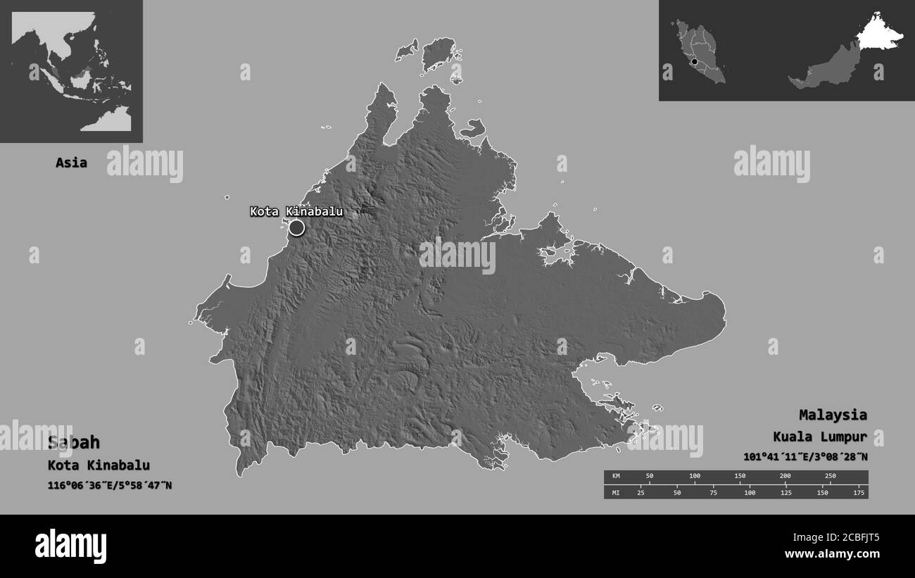 Forma di Sabah, stato della Malesia, e la sua capitale. Scala della distanza, anteprime ed etichette. Mappa elevazione bilivello. Rendering 3D Foto Stock