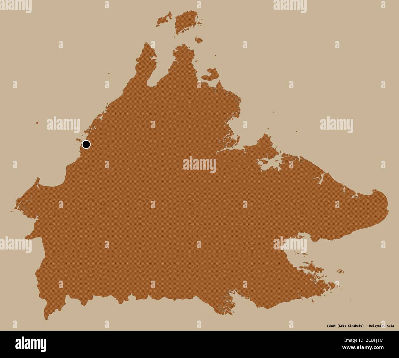 Forma di Sabah, stato della Malesia, con la sua capitale isolata su uno sfondo di colore pieno. Composizione di texture con motivi. Rendering 3D Foto Stock