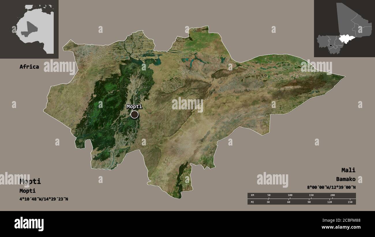 Forma di Mopti, regione del Mali, e la sua capitale. Scala della distanza, anteprime ed etichette. Immagini satellitari. Rendering 3D Foto Stock