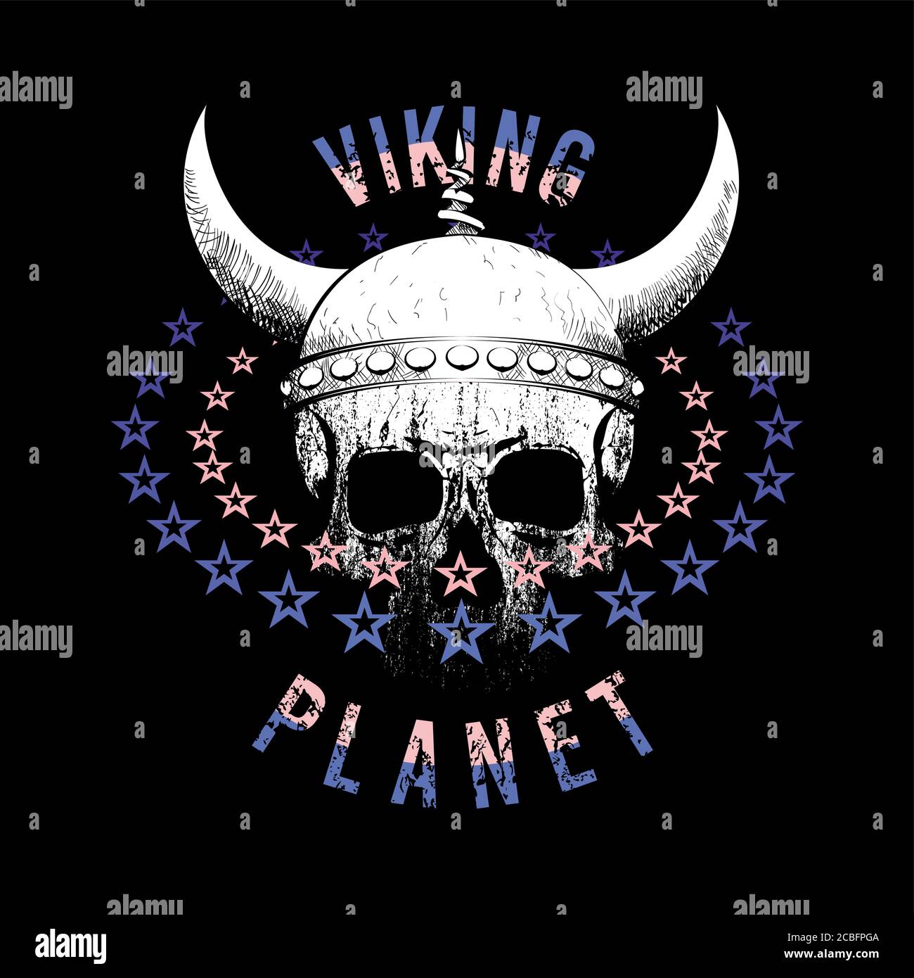 Illustrazione vettoriale per t-shirt cranio umano con casco viking con stelle isolate su nero Illustrazione Vettoriale