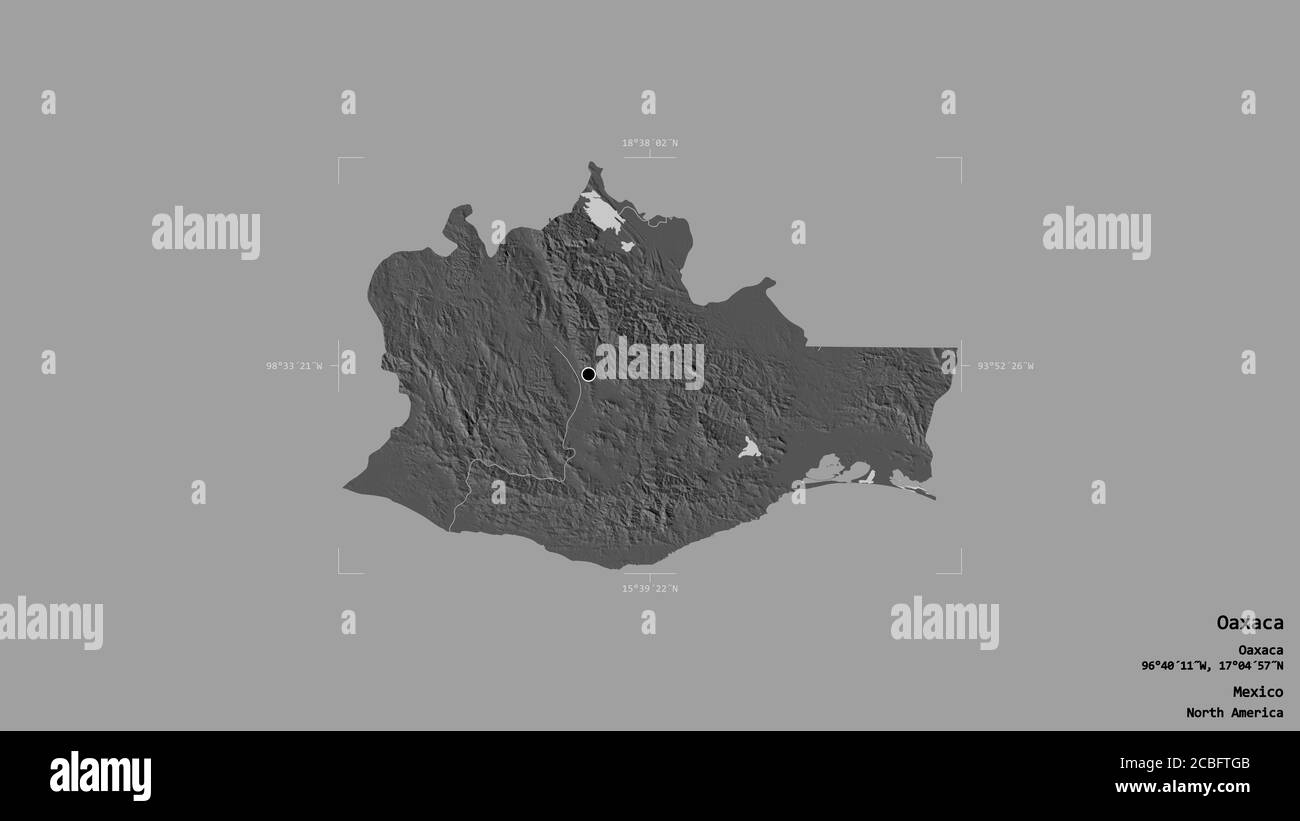 Area di Oaxaca, stato del Messico, isolata su uno sfondo solido in un rettangolo di selezione georeferenziato. Etichette. Mappa elevazione bilivello. Rendering 3D Foto Stock