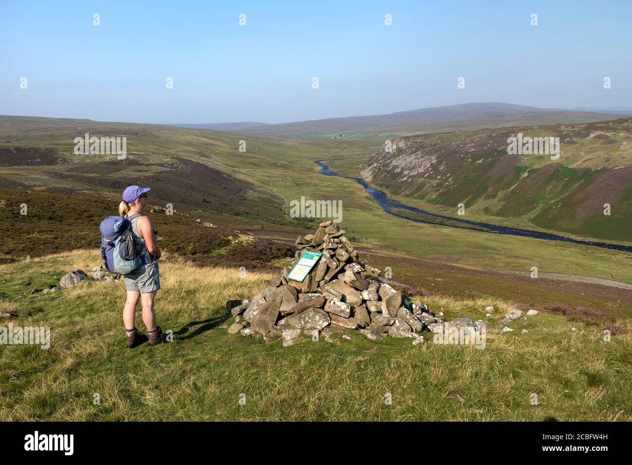 Walker godendo il da Cronkley cadde lungo il fiume Tees verso Falcon Clinton e Meldon Hill in estate, Teesdale County Durham, Regno Unito Foto Stock