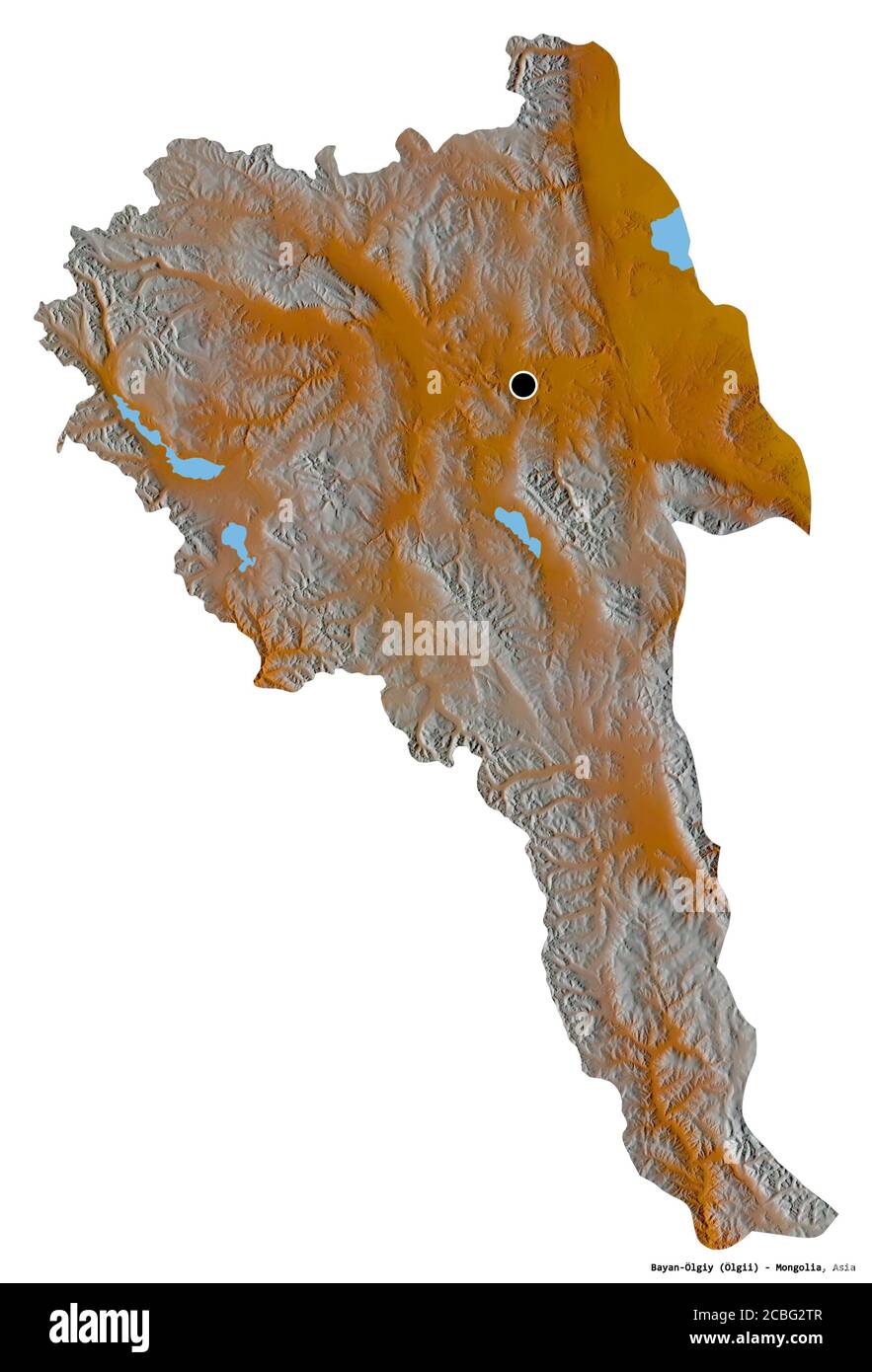 Forma di Bayan-Ölgiy, provincia della Mongolia, con la sua capitale isolata su sfondo bianco. Mappa di rilievo topografico. Rendering 3D Foto Stock
