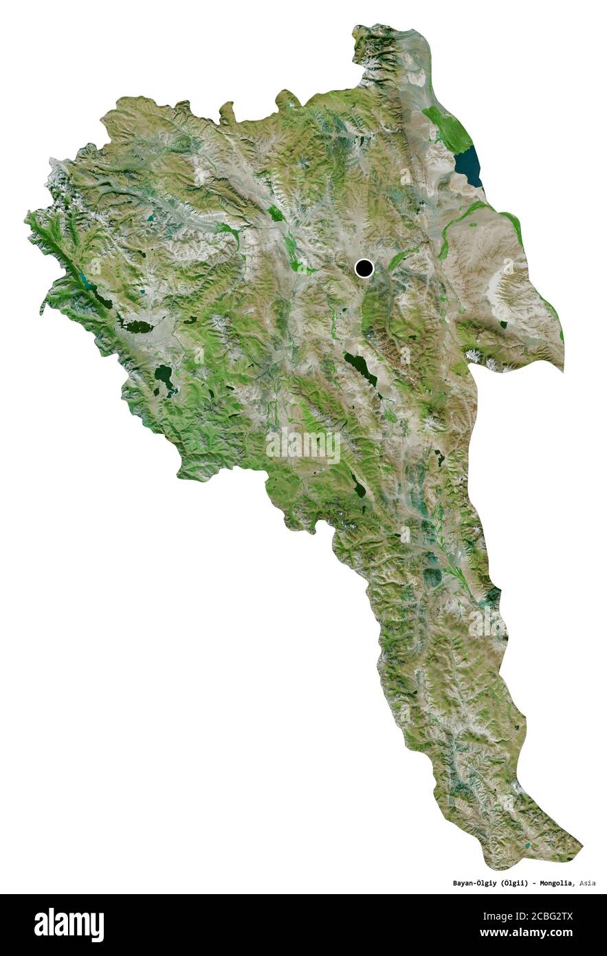 Forma di Bayan-Ölgiy, provincia della Mongolia, con la sua capitale isolata su sfondo bianco. Immagini satellitari. Rendering 3D Foto Stock